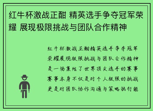红牛杯激战正酣 精英选手争夺冠军荣耀 展现极限挑战与团队合作精神